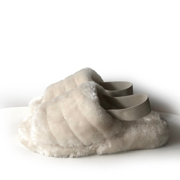 Cream off white faux fur teddy slippers with elastic back - Picture 1 of 7